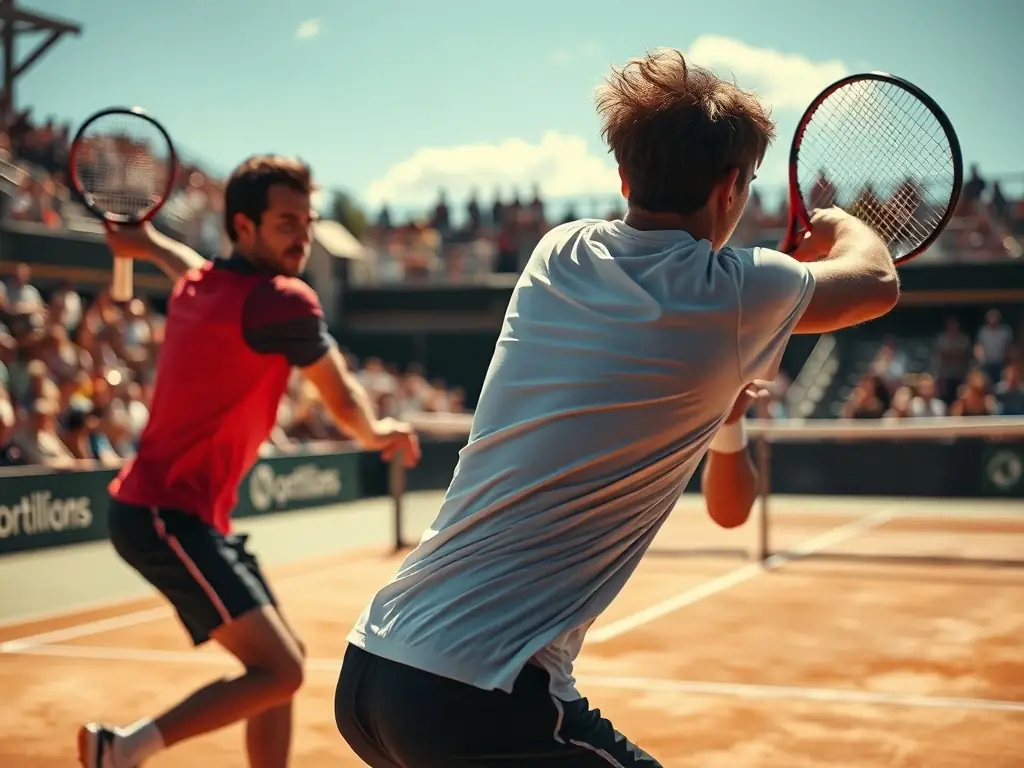 A dynamic shot of a tennis tournament in progress, showcasing players in action with spectators cheering in the background. The image captures the energy and excitement of a competitive tennis event.