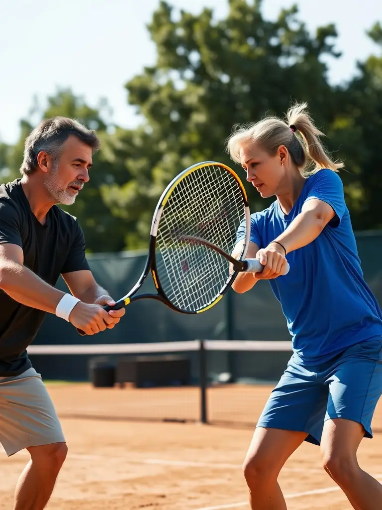 An action shot of adult players engaged in a competitive doubles match during a TULLE CORREZE TENNIS tournament, showcasing intensity and teamwork.