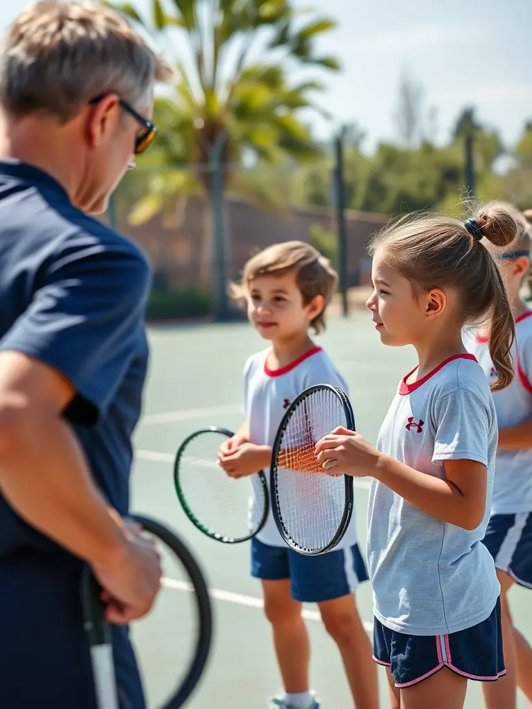 A dynamic image of children participating in a youth tennis clinic, focusing on forehand technique, with a coach providing instruction in the background at TULLE CORREZE TENNIS.