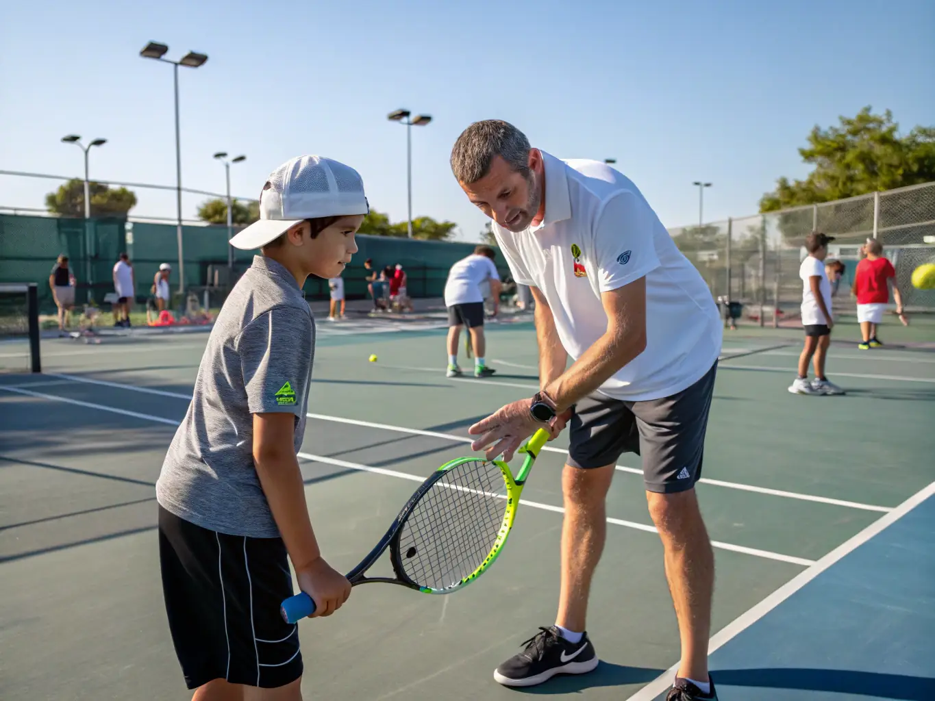 A group of diverse tennis players of varying ages and skill levels participating in a group training session on a sunny tennis court, with a coach providing instruction.