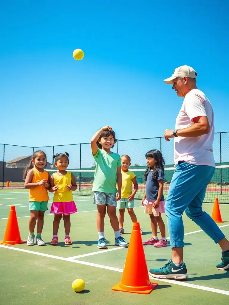 A vibrant image of young children participating in a beginner's tennis lesson, focusing on fun drills and basic techniques at TULLE CORREZE TENNIS.