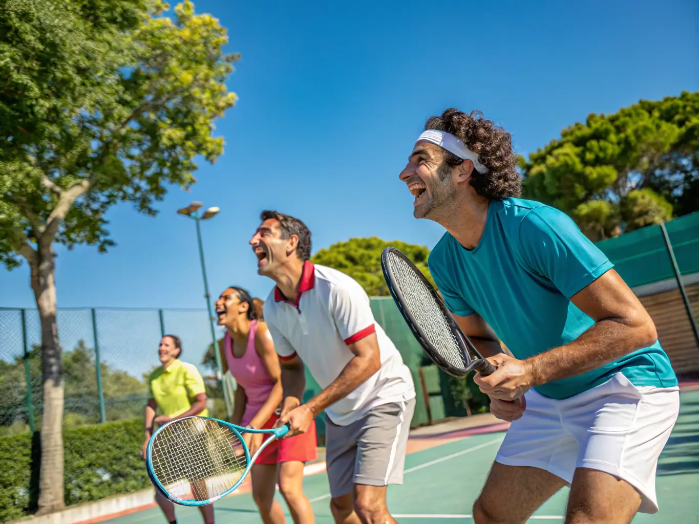 An image of a group of tennis players celebrating a victory, with smiles and high-fives all around. The image conveys the sense of camaraderie and achievement that comes with participating in team tennis events.