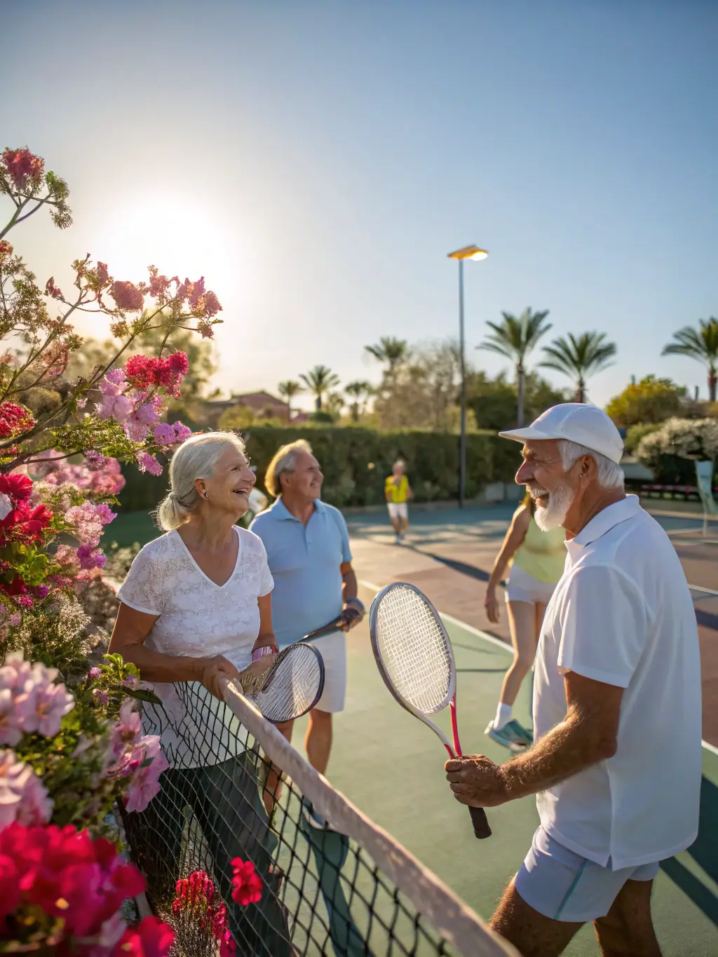 A scenic image of a group of senior players enjoying a relaxed tennis session at TULLE CORREZE TENNIS, emphasizing the social and health benefits of the sport.